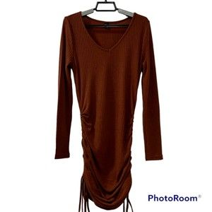 Shein Womens Brown V-Neck Knitted Ruched Bodycon Long Sleeve Dress Size Large